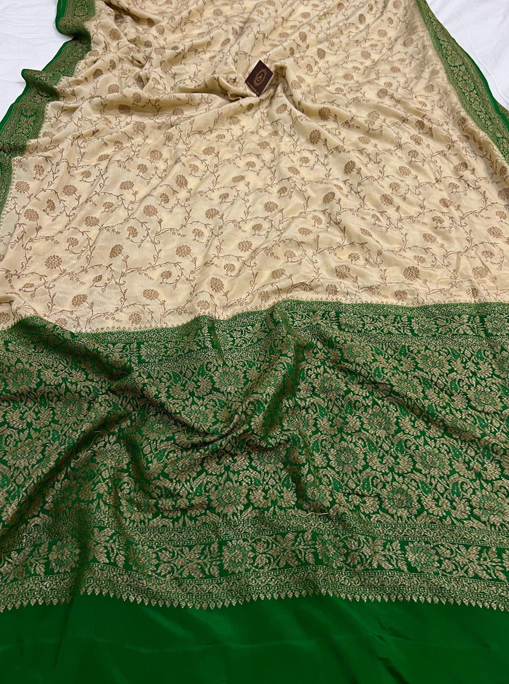 Beige Pure Banarasi Khaddi Crepe Silk Saree - Aura Benaras