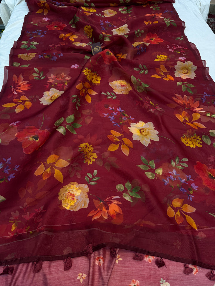 Maroon Banarasi Handloom Kora Silk Saree