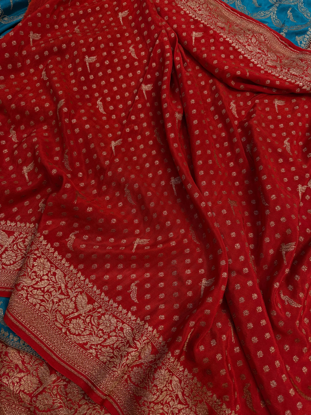 Rama Green Pure Crepe Silk Handloom Banarasi Saree