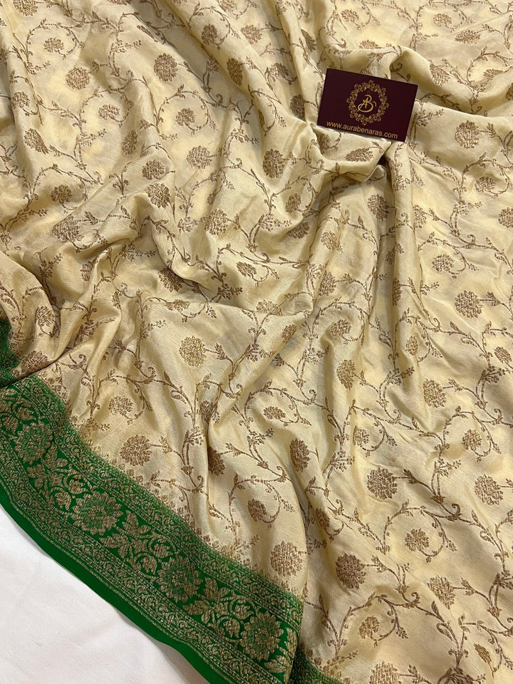 Beige Pure Banarasi Khaddi Crepe Silk Saree - Aura Benaras