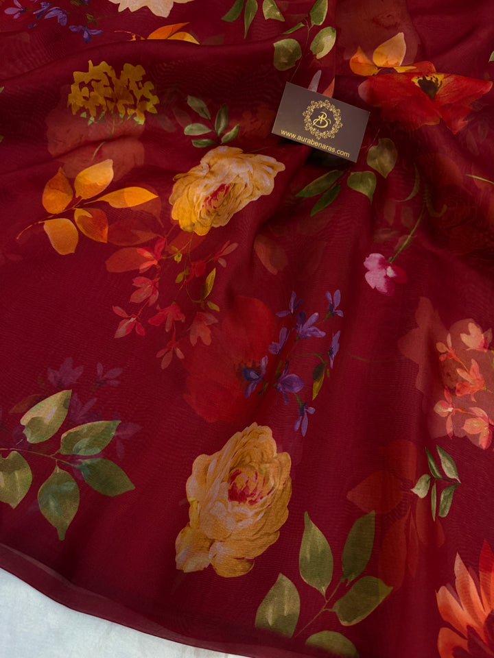 Maroon Banarasi Handloom Kora Silk Saree