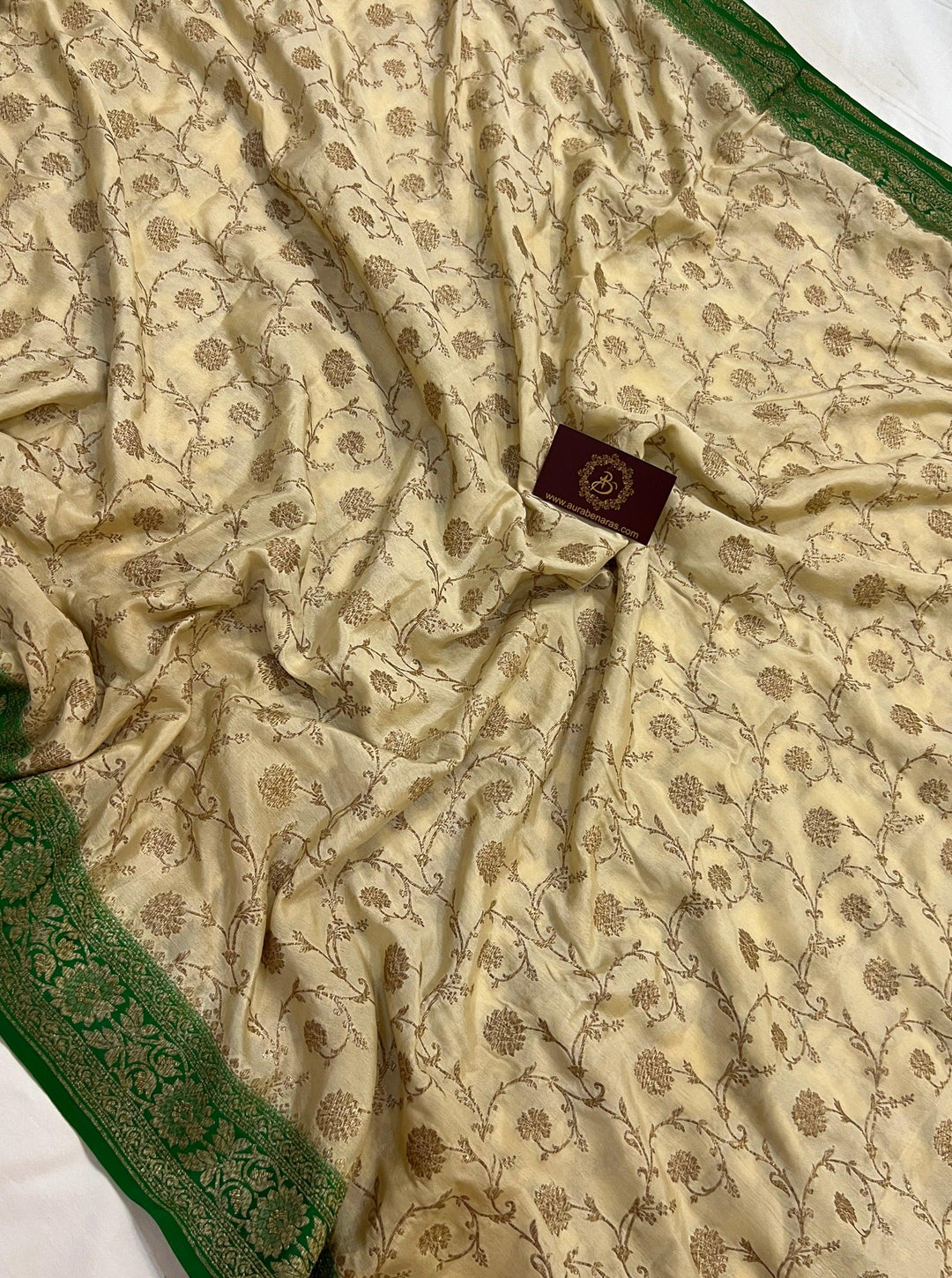 Beige Pure Banarasi Khaddi Crepe Silk Saree - Aura Benaras