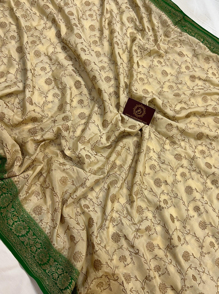 Beige Pure Banarasi Khaddi Crepe Silk Saree - Aura Benaras