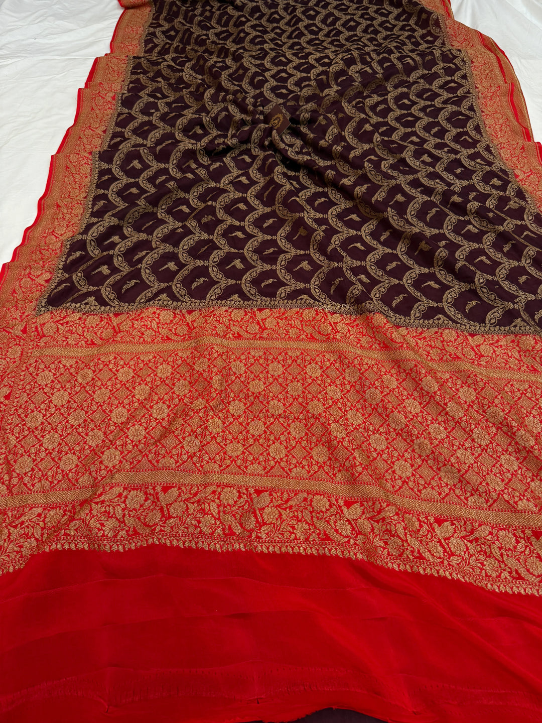 Brown Pure Crepe Silk Handloom Banarasi Saree