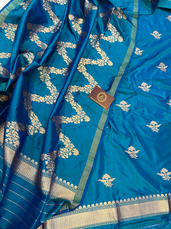 Blue Katan Silk Handwoven Banarasi Suit Set - Aura Benaras