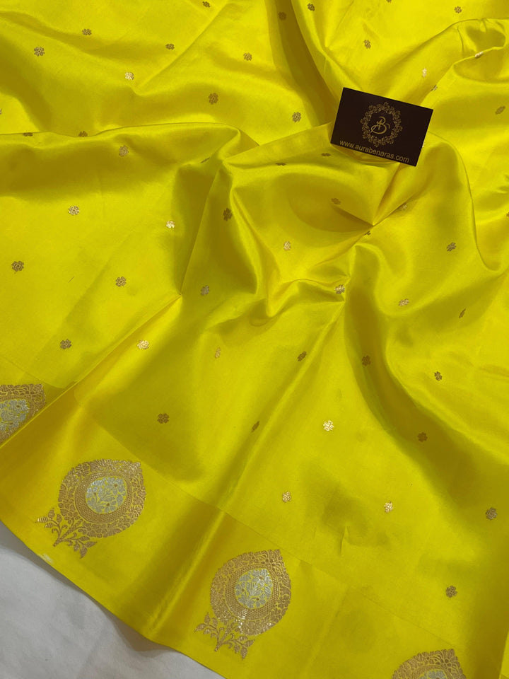 Lemon Yellow Pure Banarasi Handloom Silk Saree - Aura Benaras