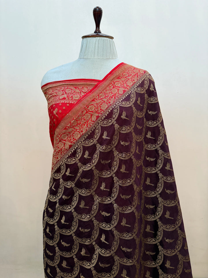 Brown Pure Crepe Silk Handloom Banarasi Saree