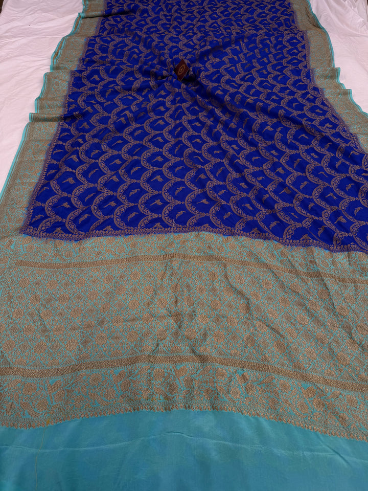 Royal Blue Pure Crepe Silk Handloom Banarasi Saree