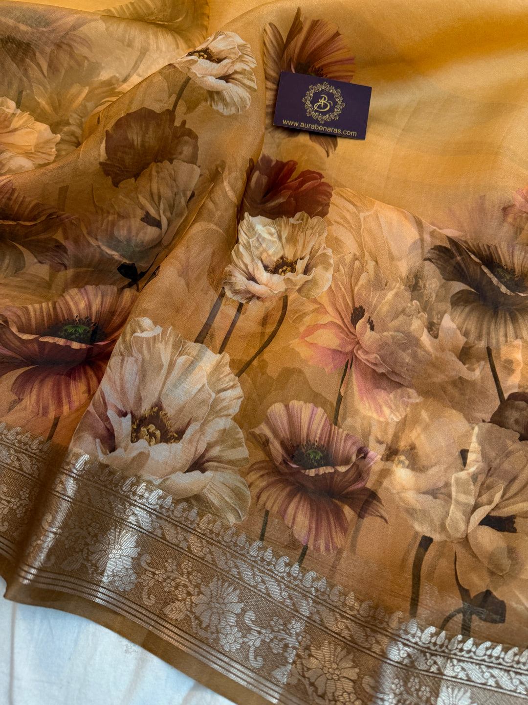 Beige Pure Kora Silk Handloom Banarasi Saree