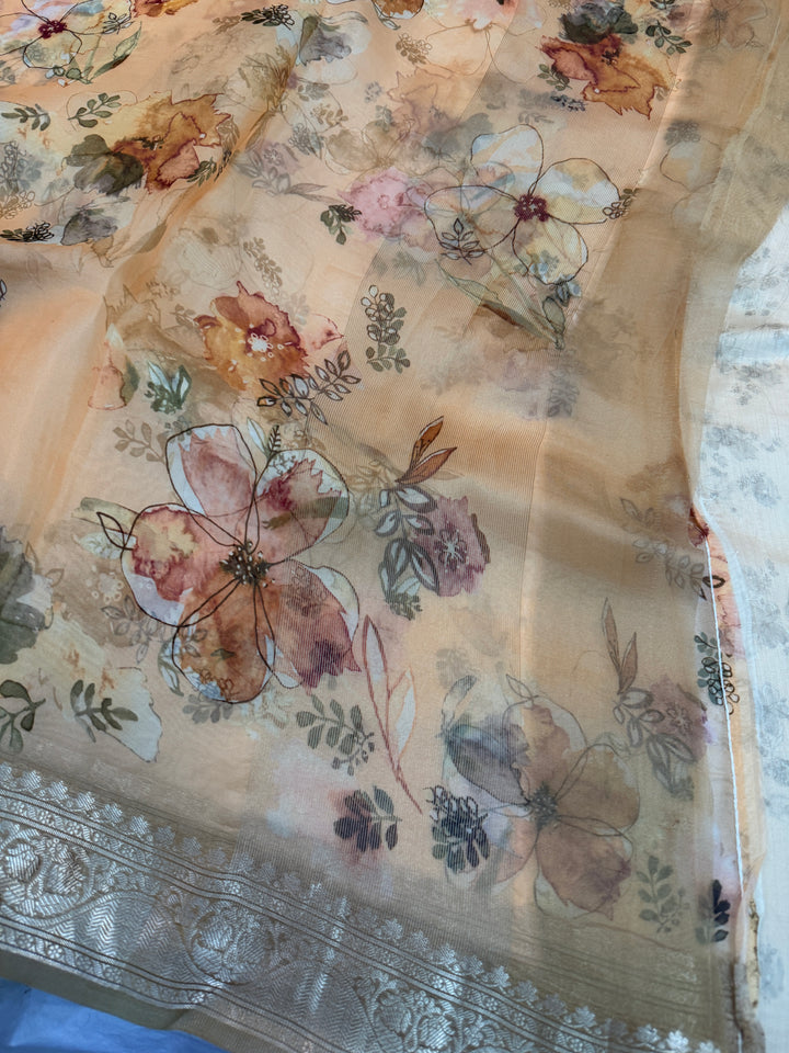 Peach Pure Kora Silk Handloom Banarasi Saree