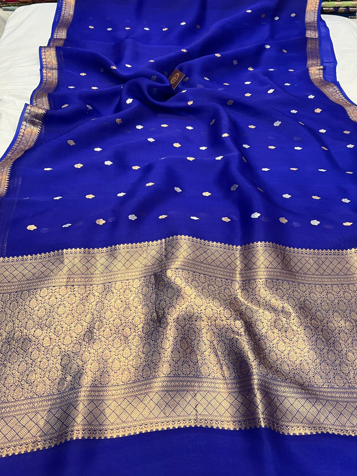 Royal Blue Pure Kora Silk Banarasi Saree with Kadhwa Butis 