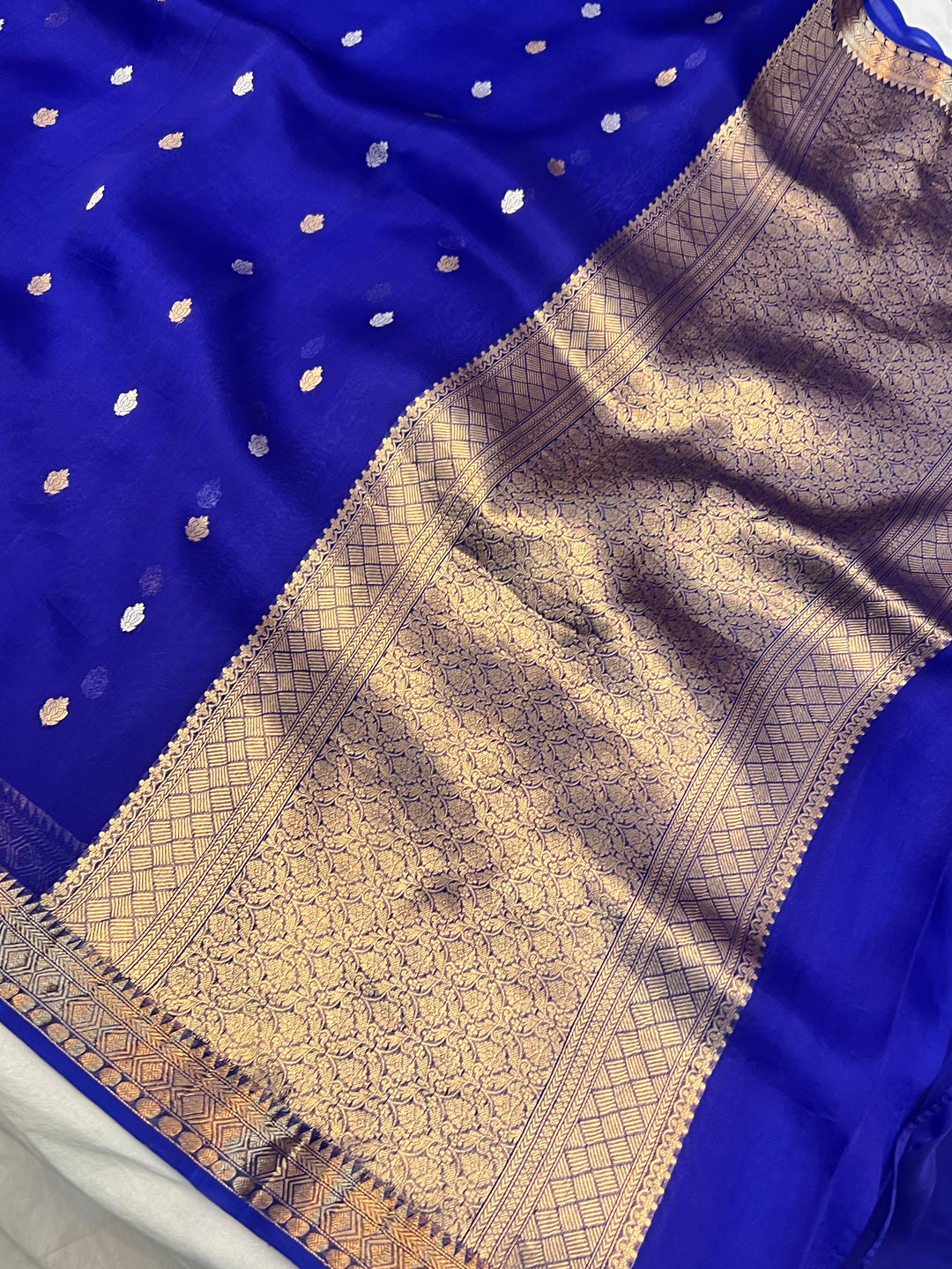 Royal Blue Pure Kora Silk Banarasi Saree with Kadhwa Butis 