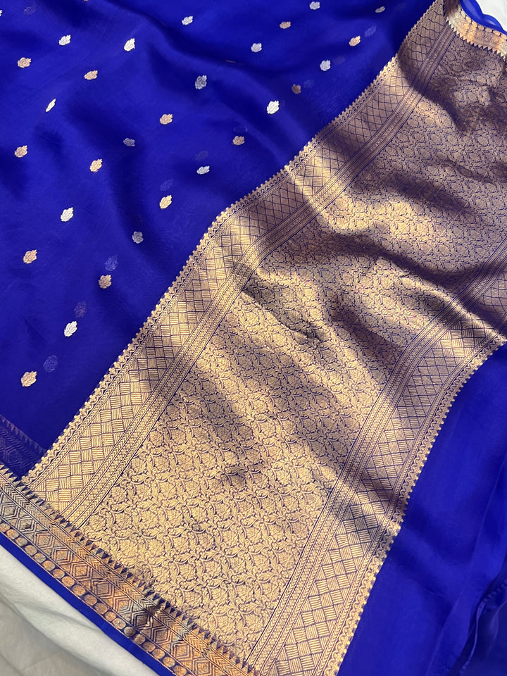 Royal Blue Pure Kora Silk Banarasi Saree with Kadhwa Butis 