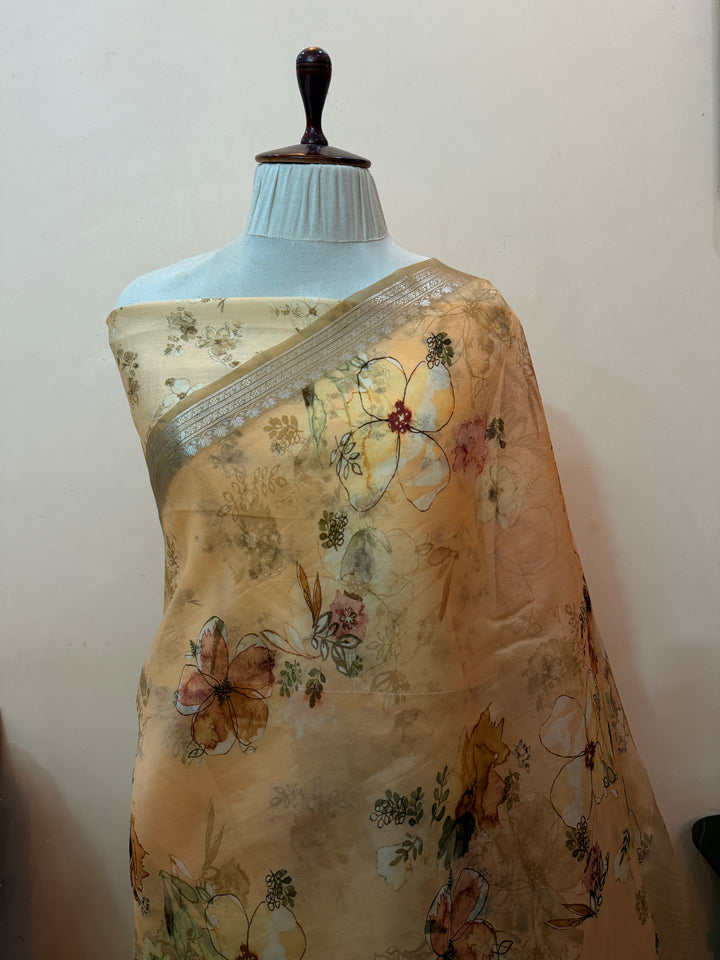 Peach Pure Kora Silk Handloom Banarasi Saree