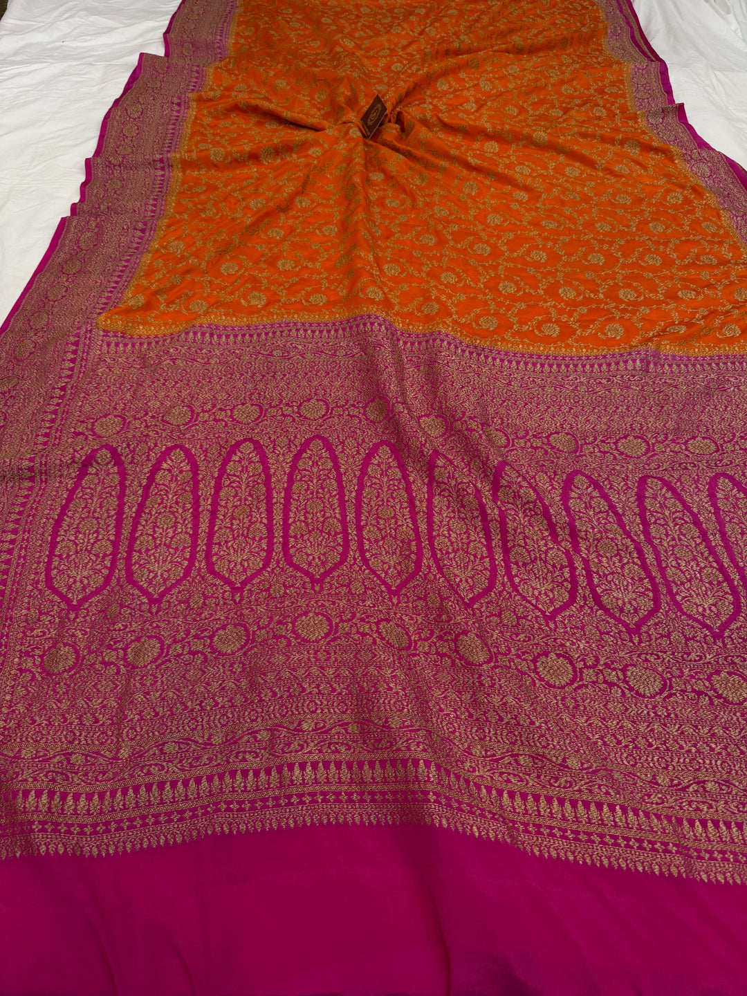 Orange Pure Crepe Silk Handloom Banarasi Saree
