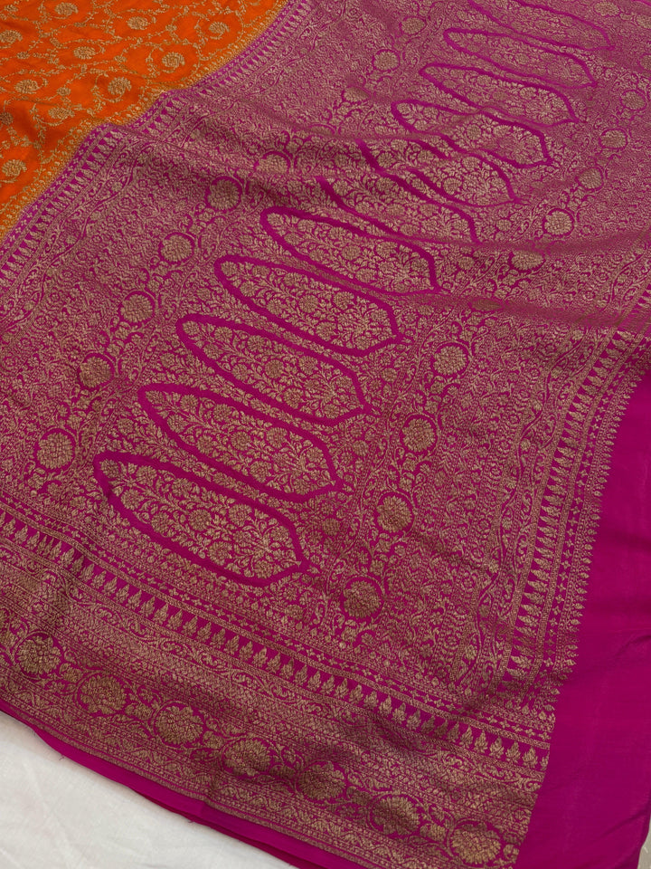 Orange Pure Crepe Silk Handloom Banarasi Saree
