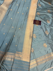 Greyish Blue Katan Silk Handwoven Banarasi Suit Set - Aura Benaras