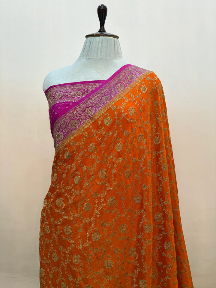 Orange Pure Crepe Silk Handloom Banarasi Saree