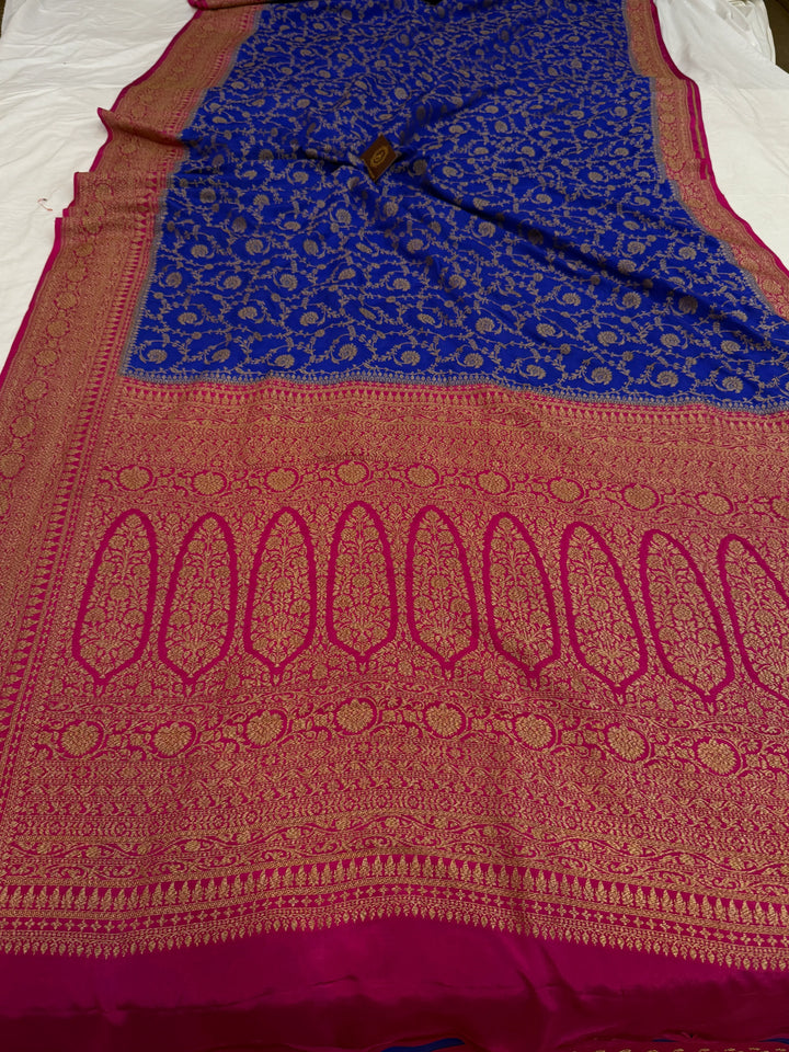 Royal Blue Pure Crepe Silk Handloom Banarasi Saree