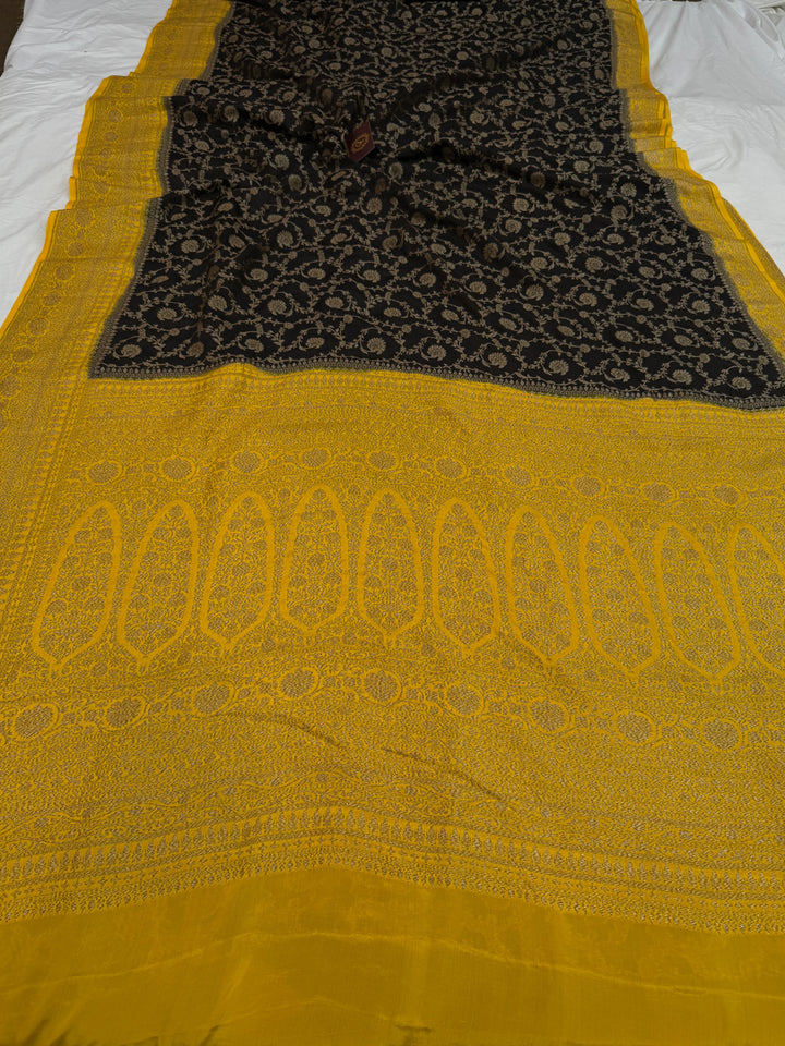 Black Pure Crepe Silk Handloom Banarasi Saree