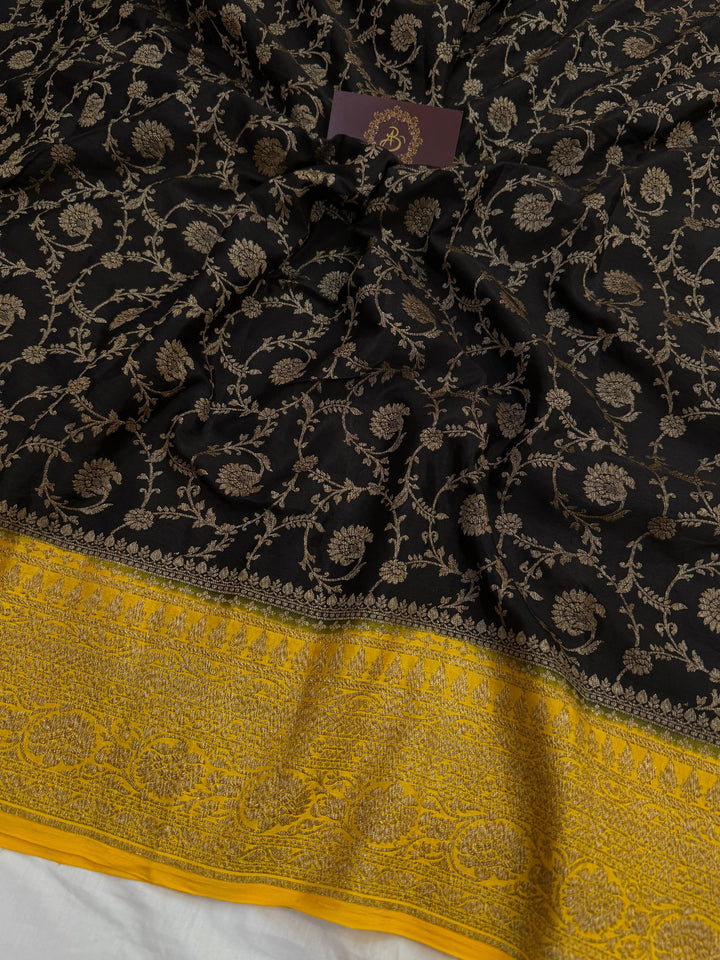 Black Pure Crepe Silk Handloom Banarasi Saree