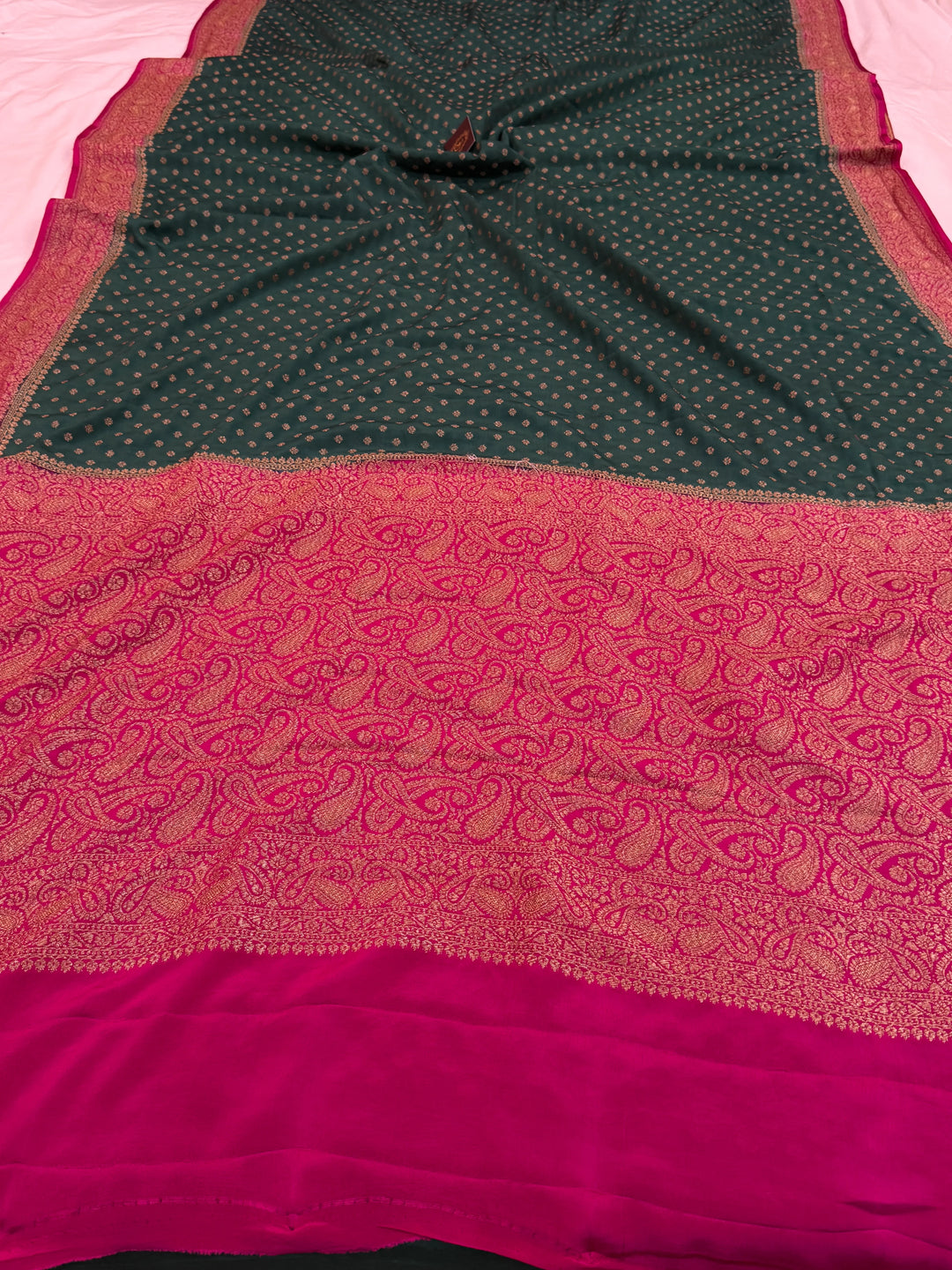 Bottle Green Pure Crepe Silk Handloom Banarasi Saree