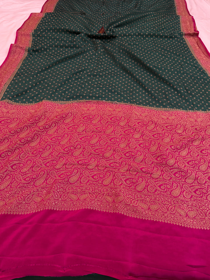 Bottle Green Pure Crepe Silk Handloom Banarasi Saree