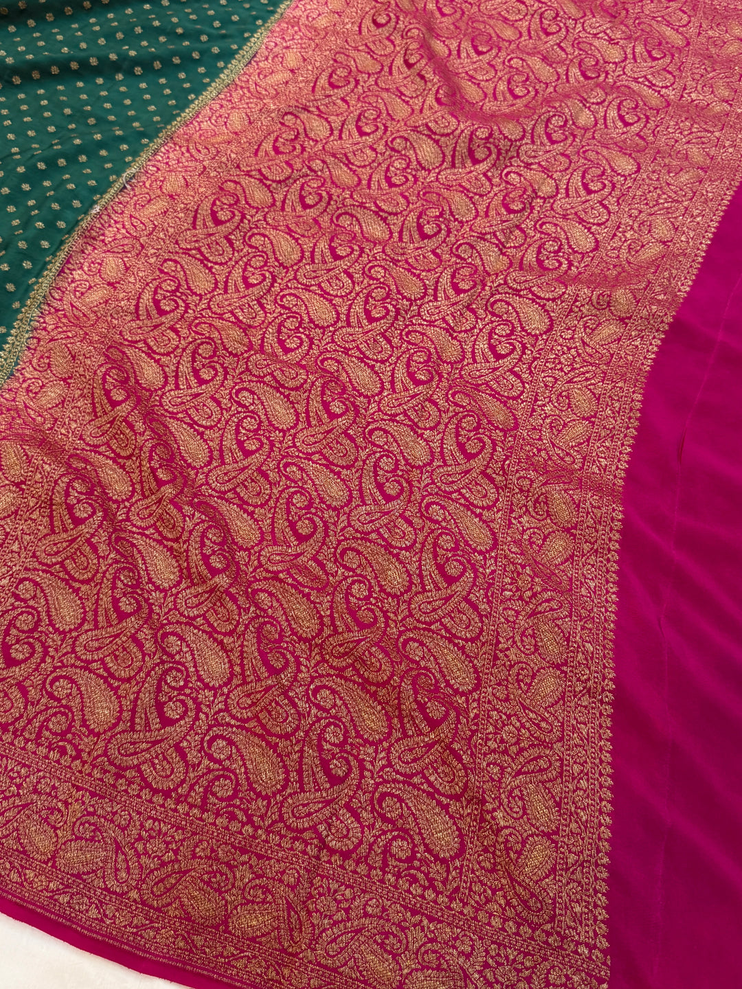 Bottle Green Pure Crepe Silk Handloom Banarasi Saree