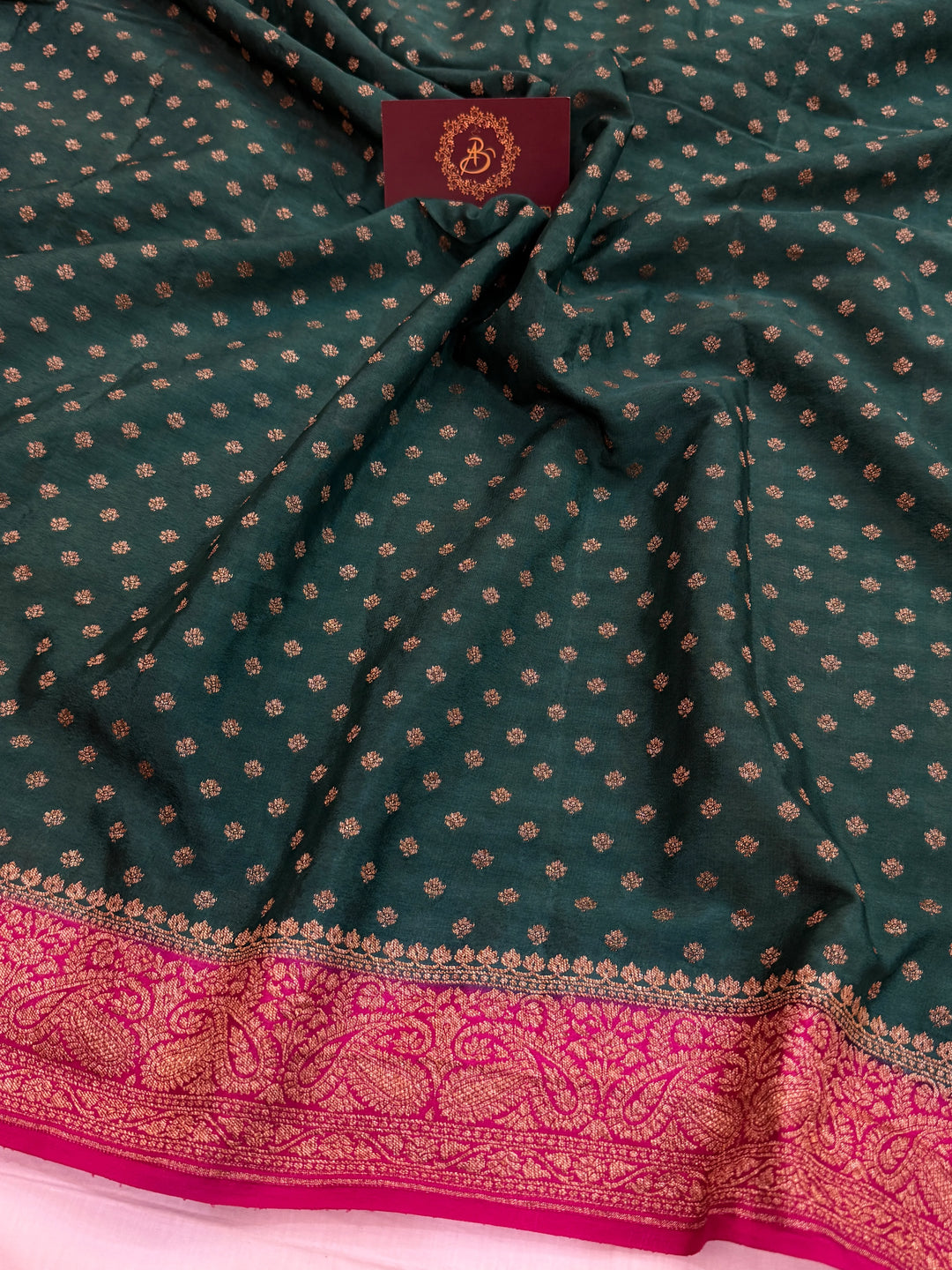 Bottle Green Pure Crepe Silk Handloom Banarasi Saree