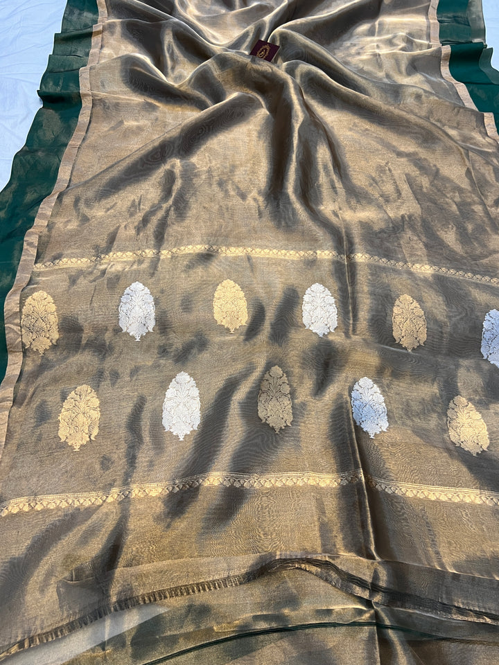 Bottle Green Pure Tissue Silk Handloom Banarasi Saree