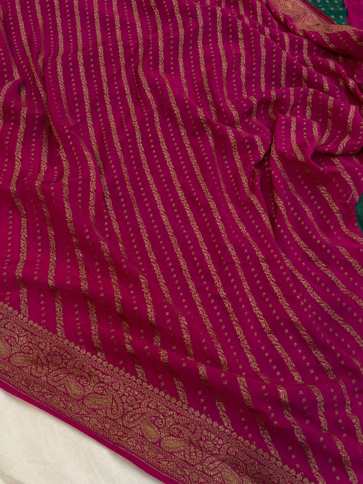 Bottle Green Pure Crepe Silk Handloom Banarasi Saree