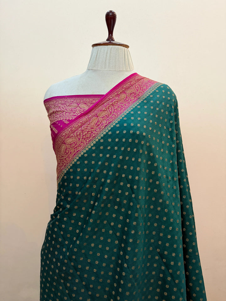 Bottle Green Pure Crepe Silk Handloom Banarasi Saree