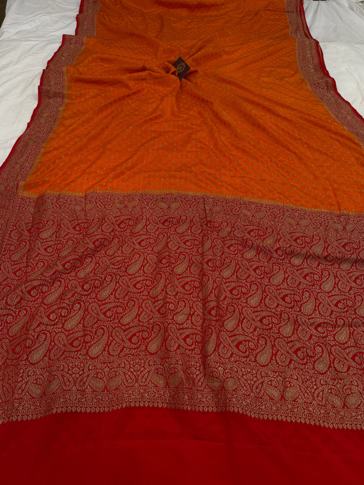 Orange Pure Crepe Silk Handloom Banarasi Saree