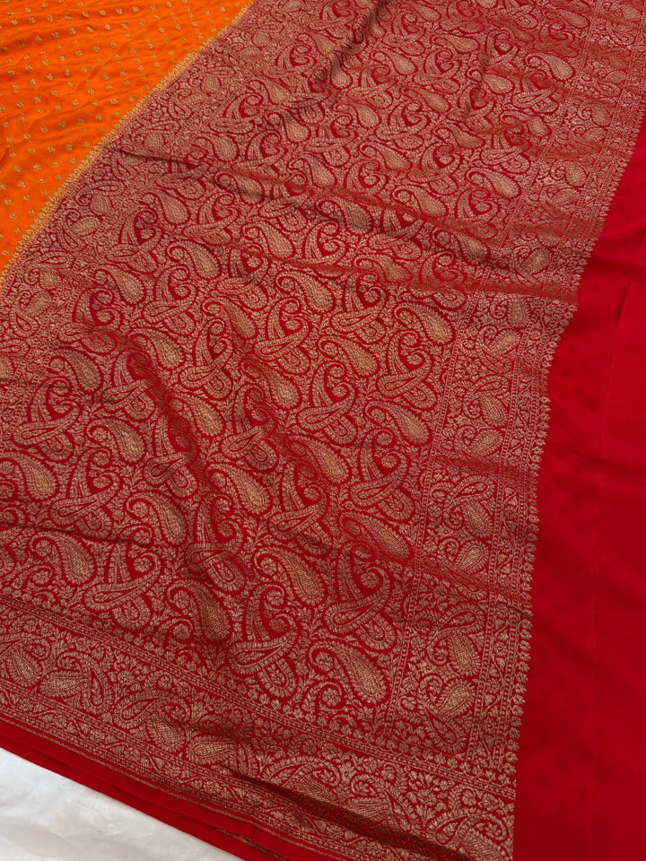 Orange Pure Crepe Silk Handloom Banarasi Saree