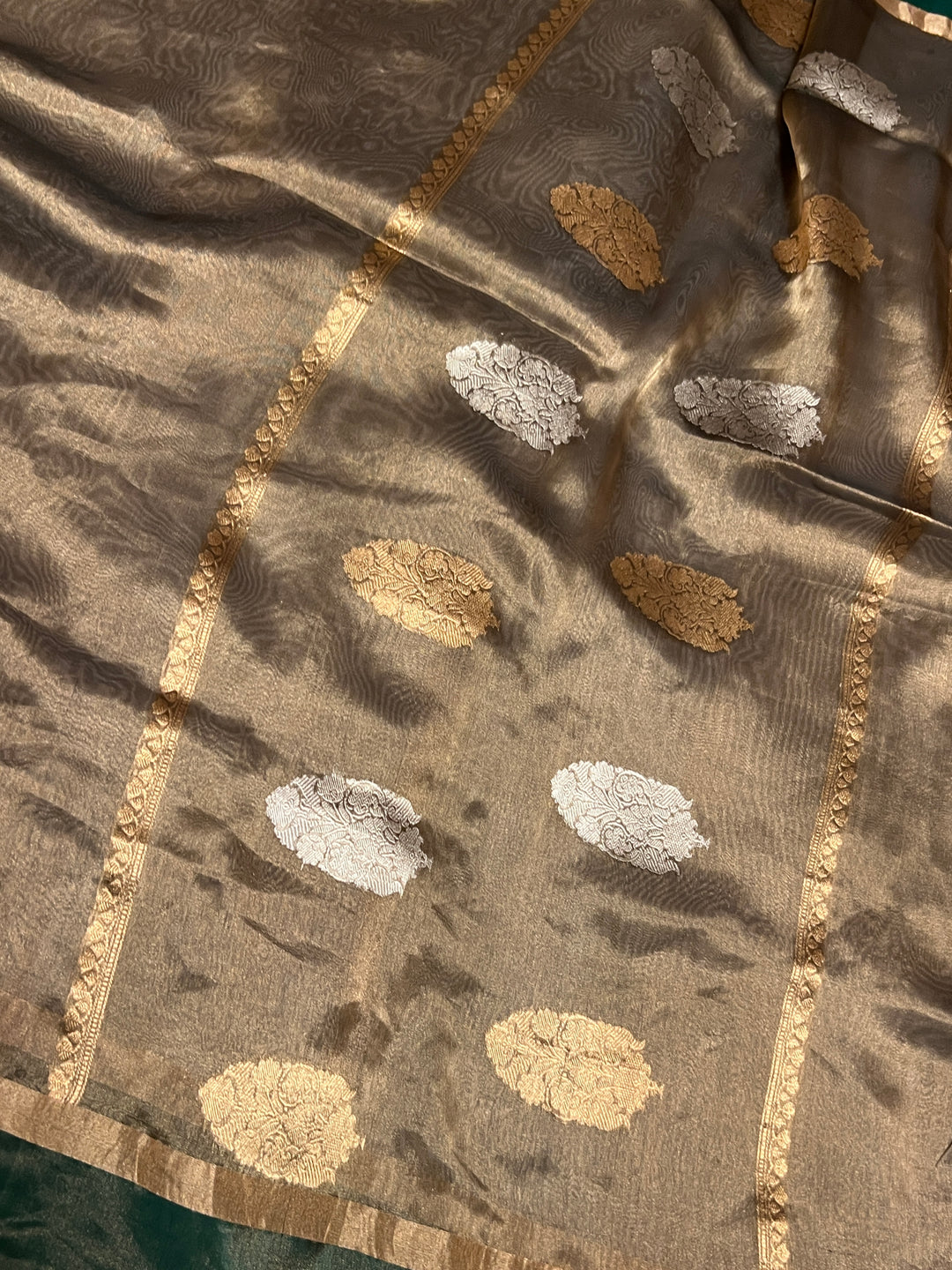 Bottle Green Pure Tissue Silk Handloom Banarasi Saree