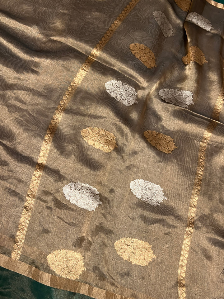 Bottle Green Pure Tissue Silk Handloom Banarasi Saree