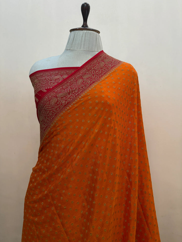 Orange Pure Crepe Silk Handloom Banarasi Saree