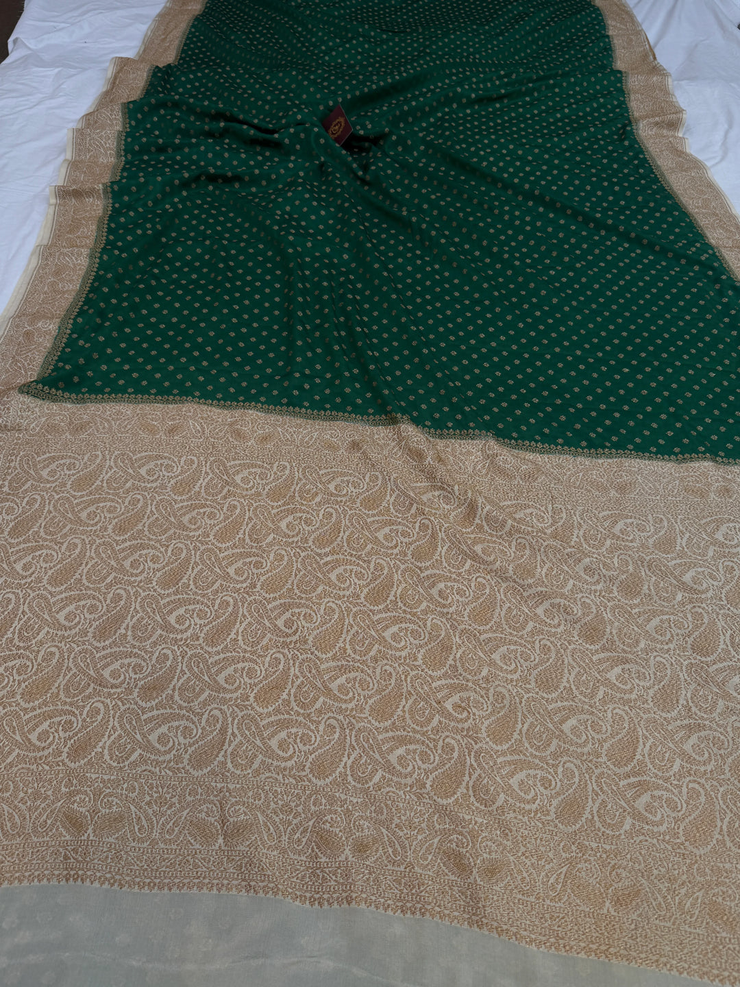 Bottle Green Pure Crepe Silk Handloom Banarasi Saree