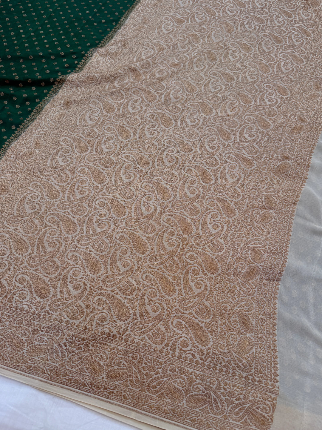 Bottle Green Pure Crepe Silk Handloom Banarasi Saree