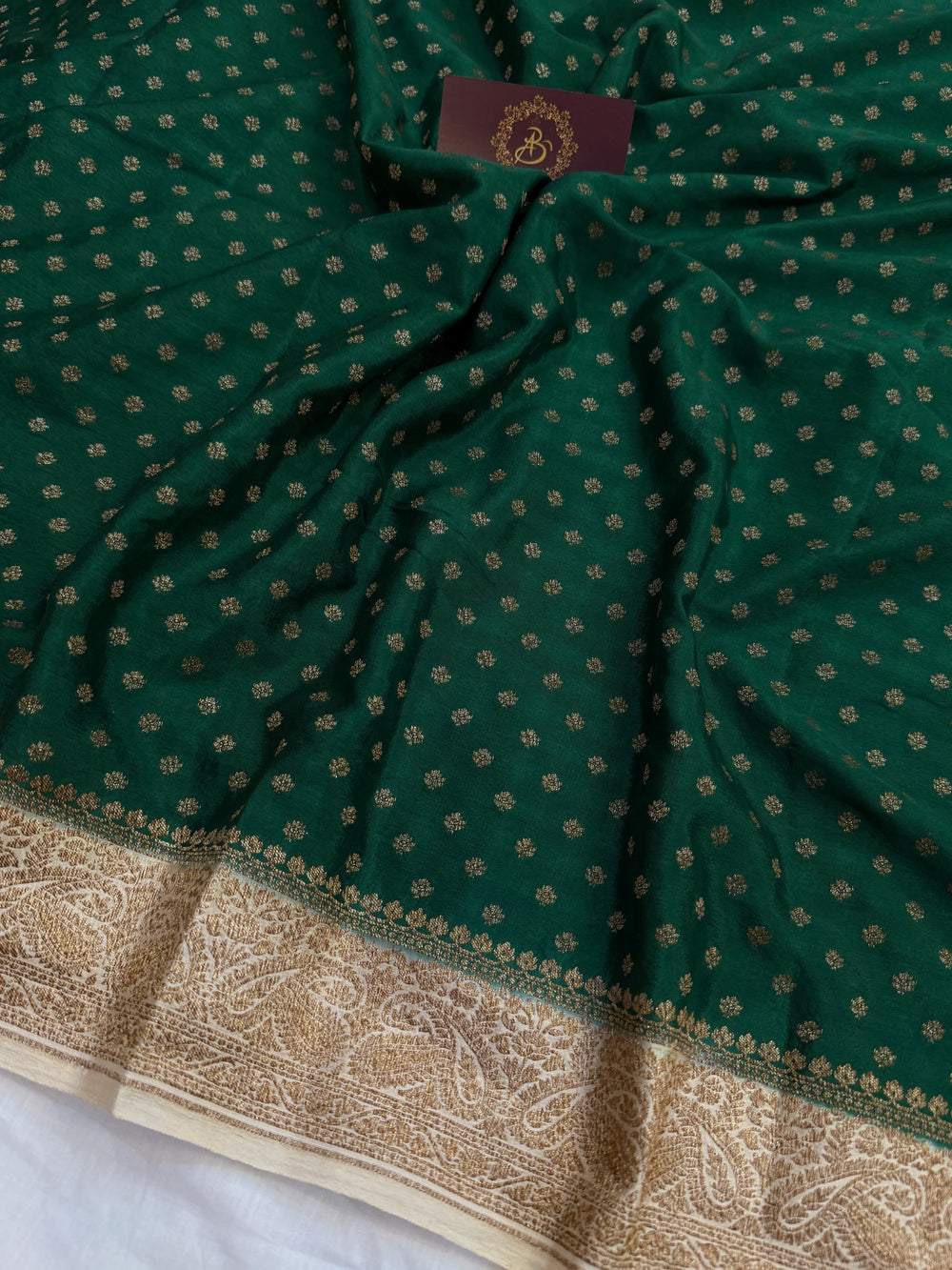 Bottle Green Pure Crepe Silk Handloom Banarasi Saree