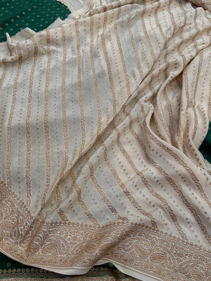 Bottle Green Pure Crepe Silk Handloom Banarasi Saree