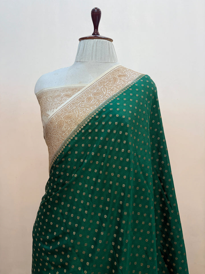 Bottle Green Pure Crepe Silk Handloom Banarasi Saree