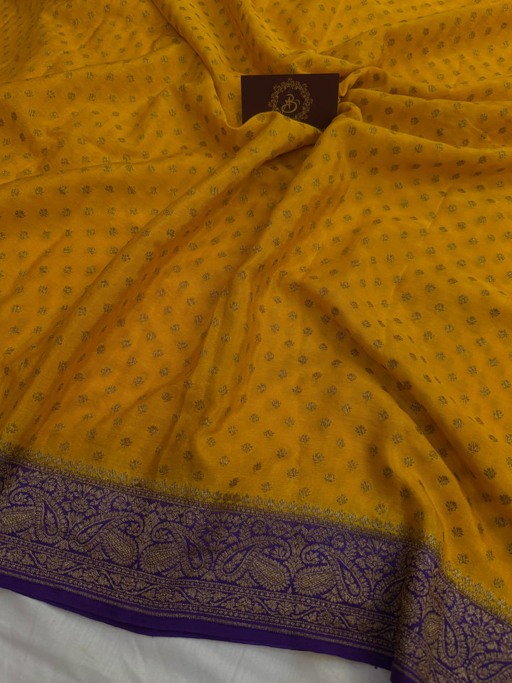 Yellow Pure Crepe Silk Handloom Banarasi Saree