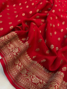 Red Banarasi Handloom Pure Khaddi Georgette Saree - Aura Benaras