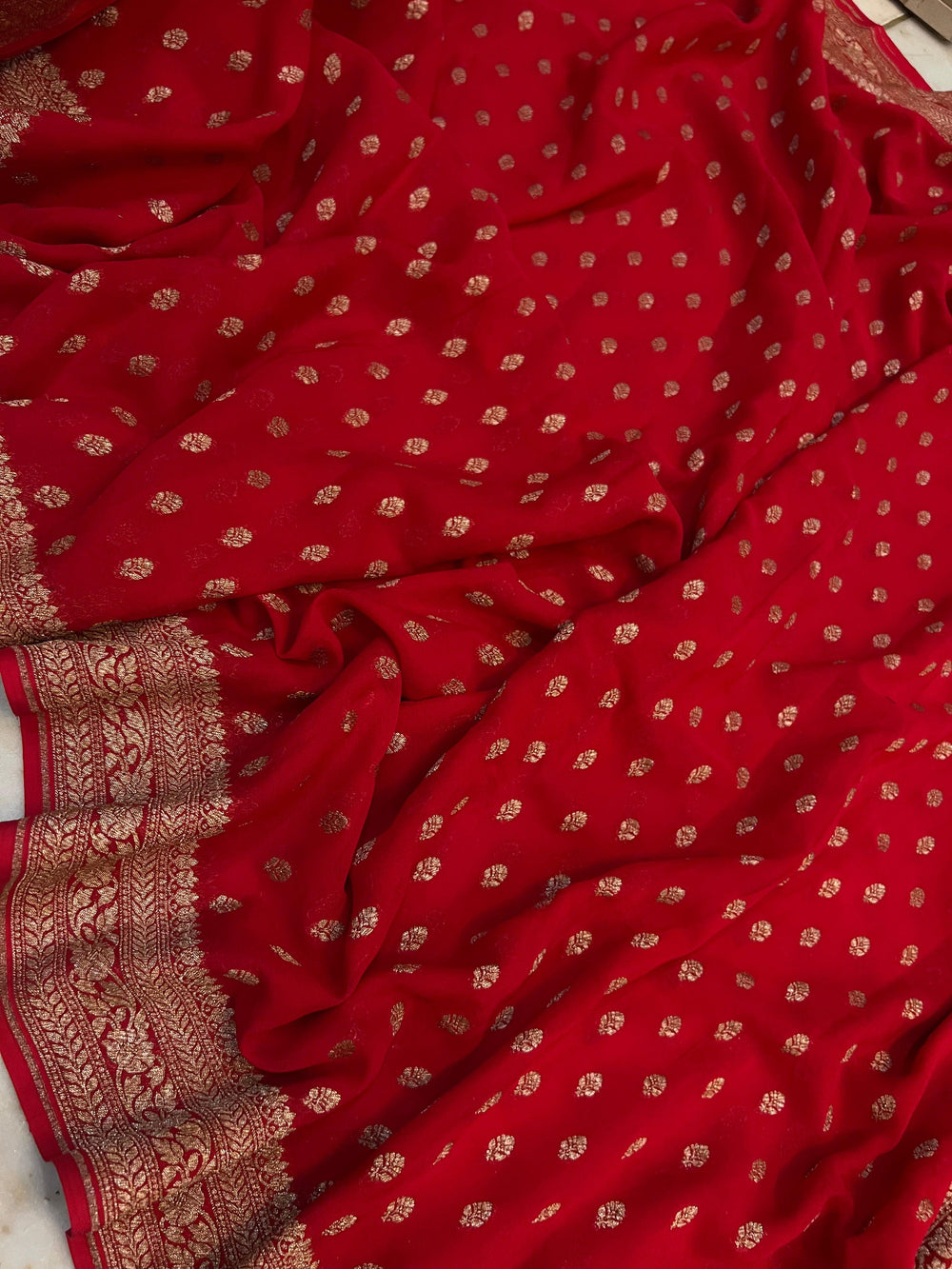 Red Banarasi Handloom Pure Khaddi Georgette Saree - Aura Benaras