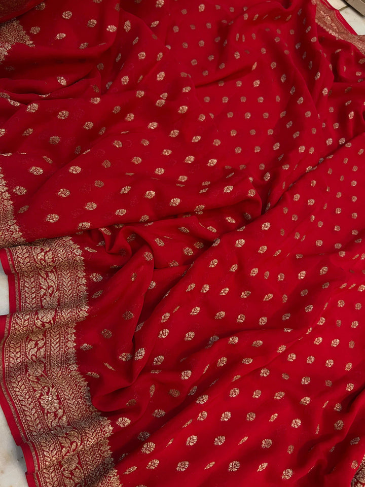 Red Banarasi Handloom Pure Khaddi Georgette Saree - Aura Benaras