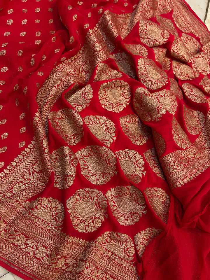 Red Banarasi Handloom Pure Khaddi Georgette Saree - Aura Benaras