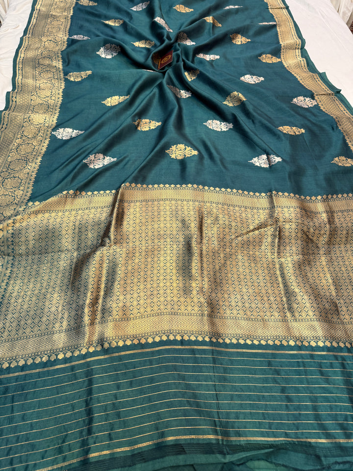 Teal Blue Silk Banarasi Saree with Kadwa Floral & Zari Work
