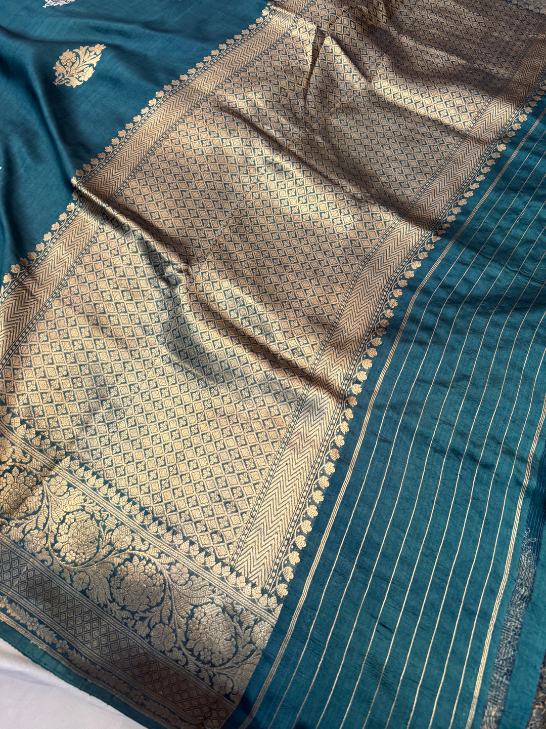 Teal Blue Silk Banarasi Saree with Kadwa Floral & Zari Work