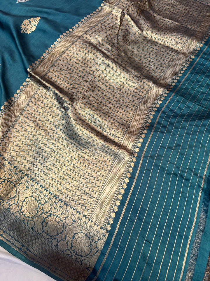 Teal Blue Silk Banarasi Saree with Kadwa Floral & Zari Work